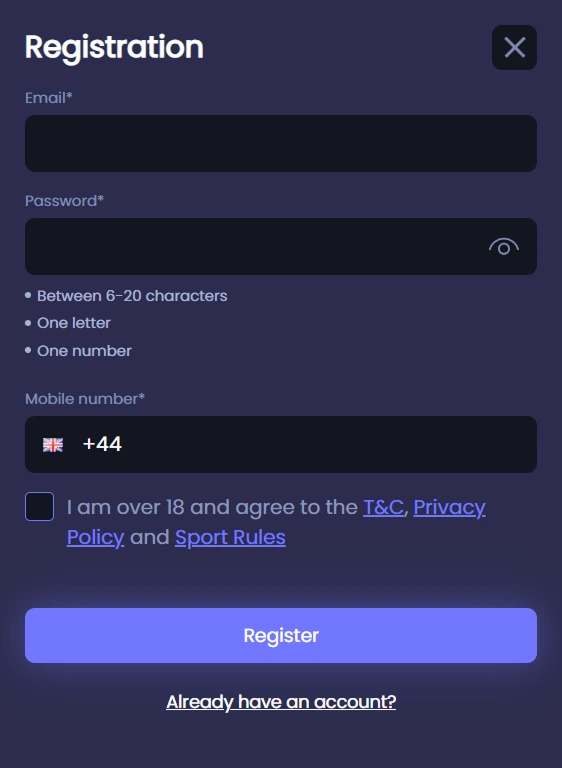 Step 1 registration form Betblink Casino