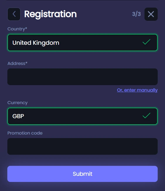 Step 3 form with country and address fields
